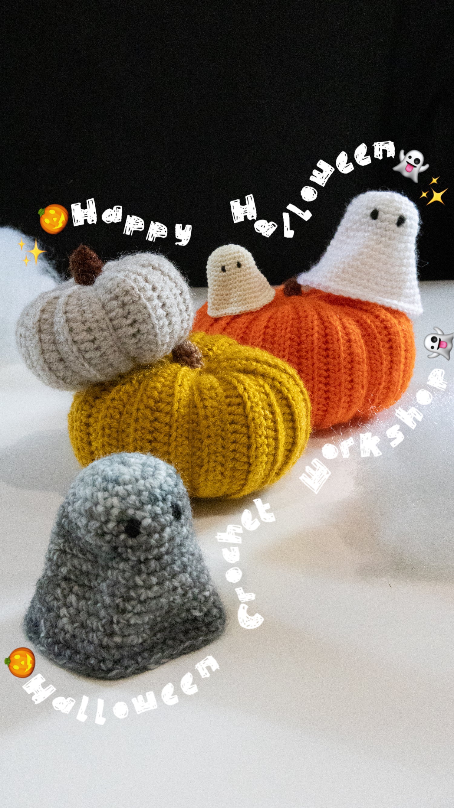 Three crocheted Halloween-themed figures including pumpkins and ghosts on a white background with 'Happy Halloween' text.
