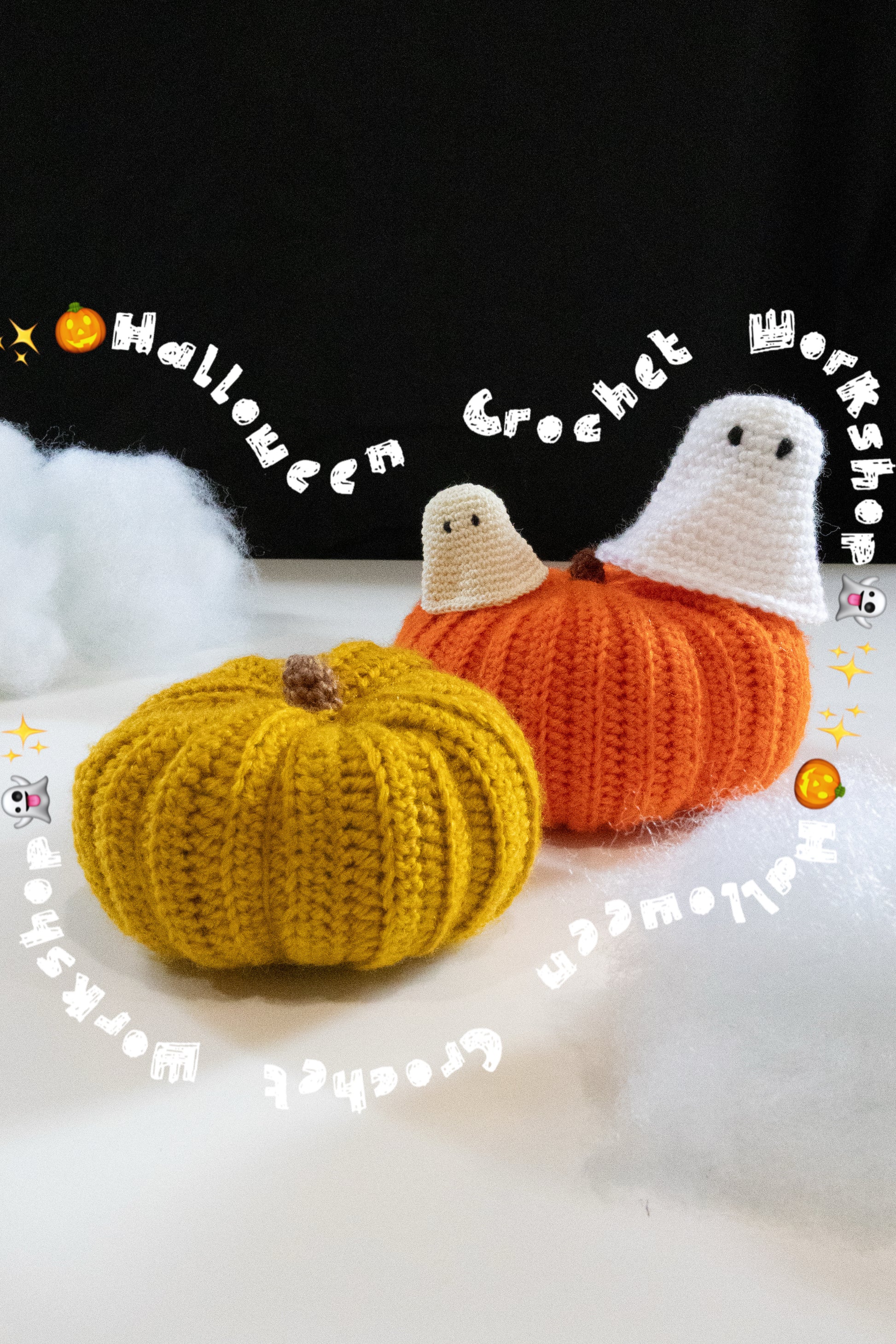 Crochet workshop display featuring cute chubby pumpkins and ghost figures on a table.