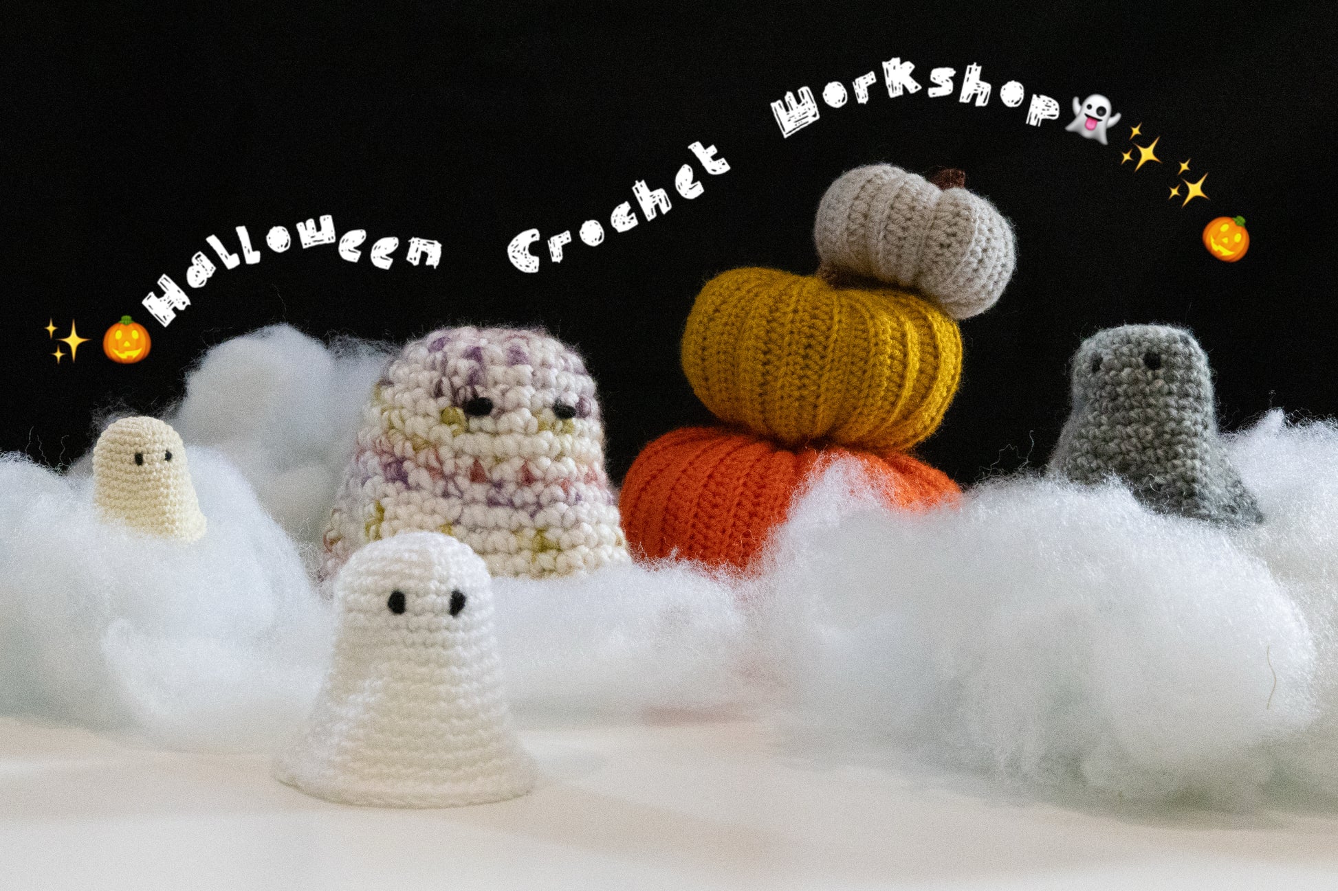 Colorful crochet ghosts and pumpkins in a spooky setting for a Halloween crochet workshop.