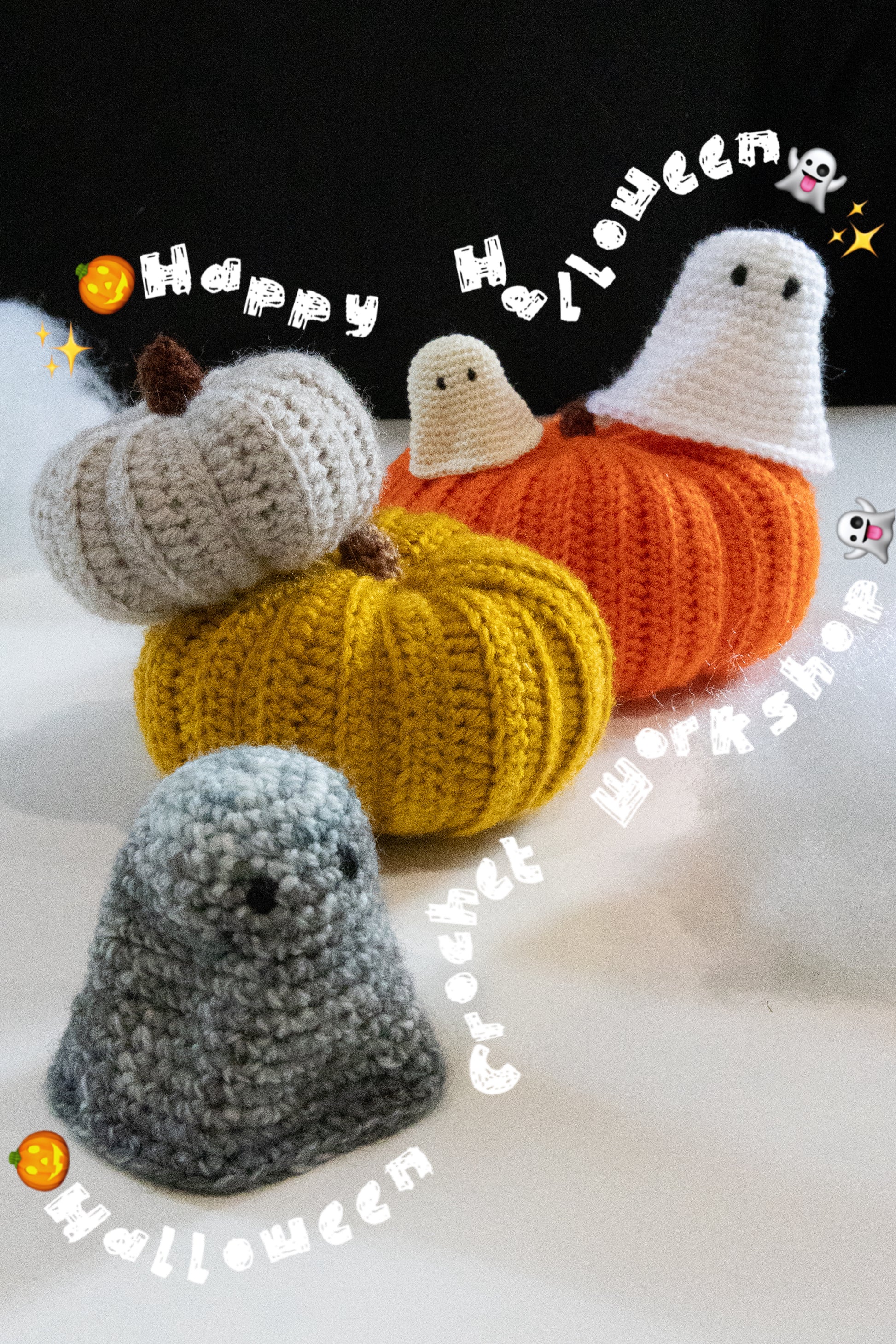 Crocheted chubby pumpkins and ghost characters for Halloween Crochet Workshop.