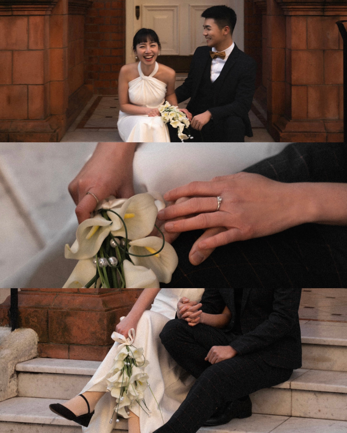 A three-panel collage showing a bride and groom sitting together in an indoor stone corridor and on outdoor steps, with a close-up detail of the bride's bouquet and her hand wearing a ring.