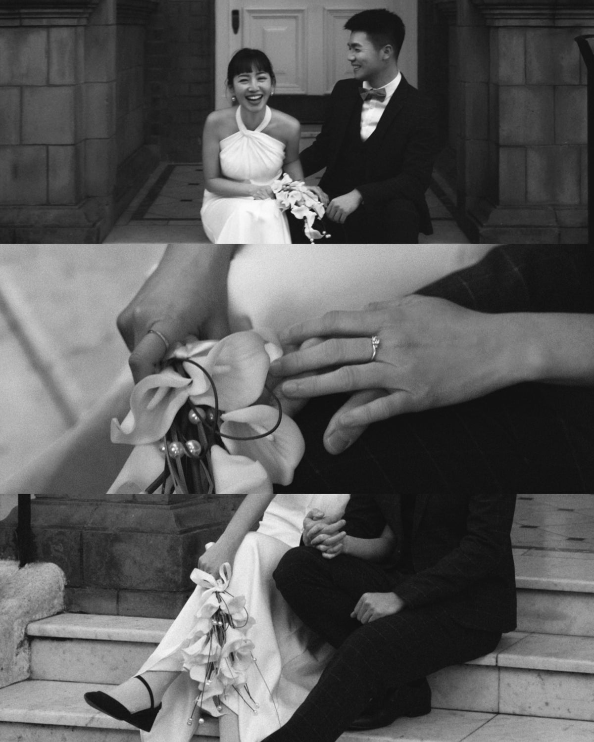 A three-panel black and white collage showing a bride and groom in an outdoor stone setting. The top panel shows them sitting together holding a bouquet, the middle panel is a close-up of hands exchanging a ring, and the bottom panel shows them seated on stone steps holding hands.