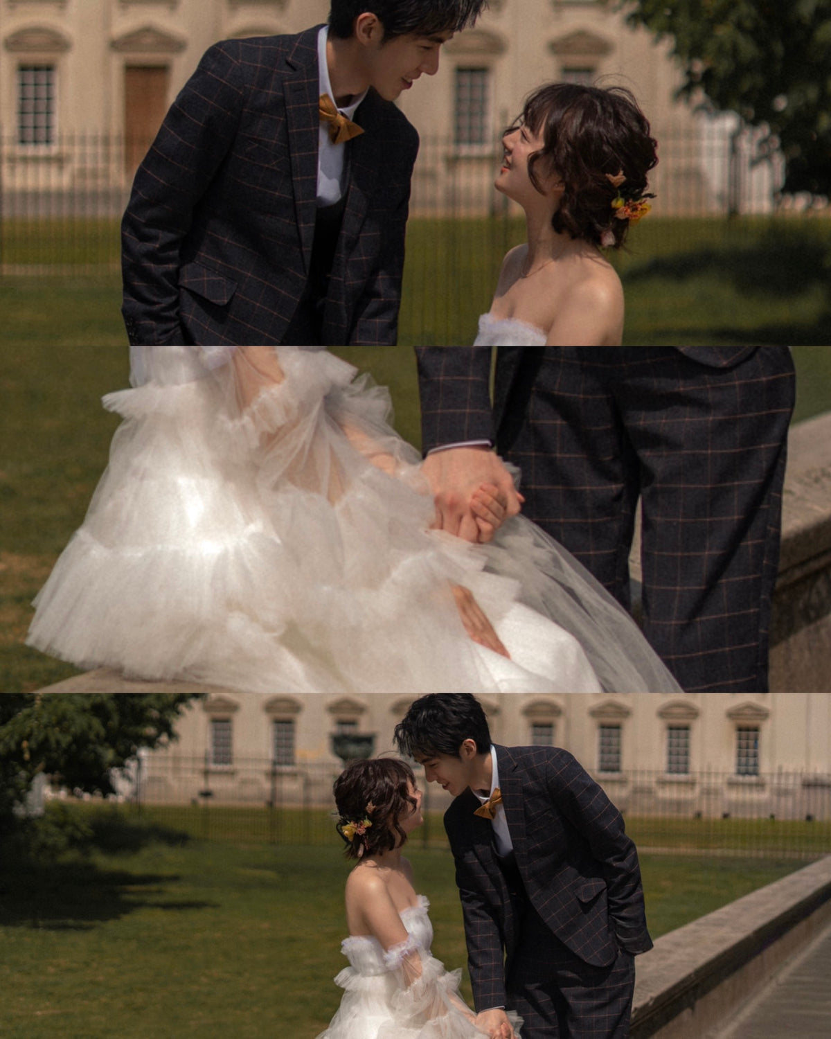 Three-panel collage of a bride and groom outdoors in front of a grand classical building. The top panel shows them facing each other closely, the middle panel is a close-up of the bride's white tulle wedding dress and the groom's dark plaid suit, and the bottom panel shows them embracing and looking down together.