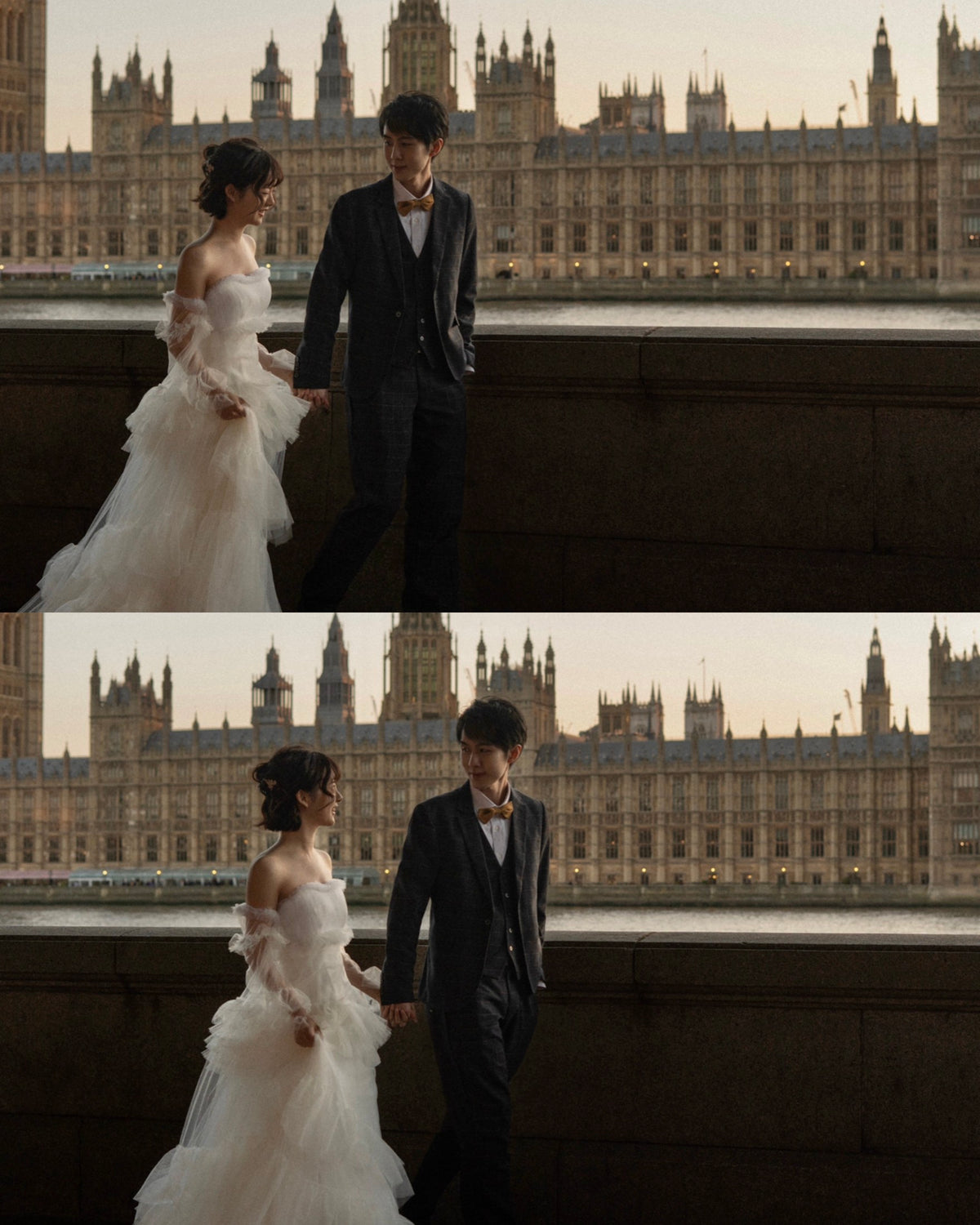 A split-screen lifestyle photograph showing a bride in a white tulle wedding gown and a groom in a dark suit holding hands in front of the London Palace of Westminster at sunset.