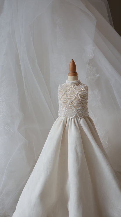 White wedding dress with lace detailing on a white background